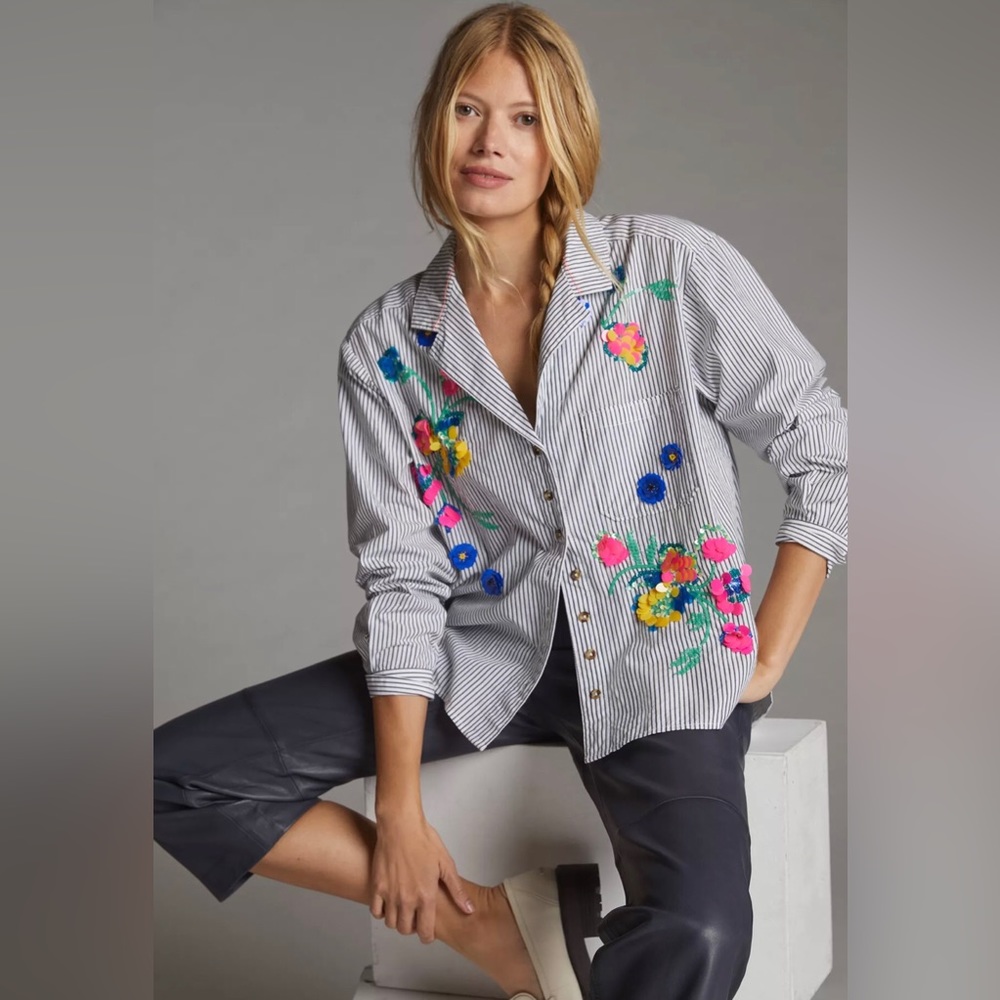 Anthropologie Maeve Embroidered Buttondown